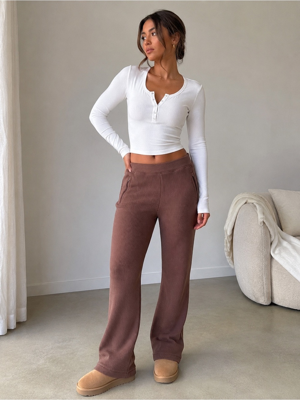 SKIMS Cozy Waffle Knit Lounge Pants Mocha Brown XS